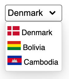 The rendering of a selectlist with country flags next to the options